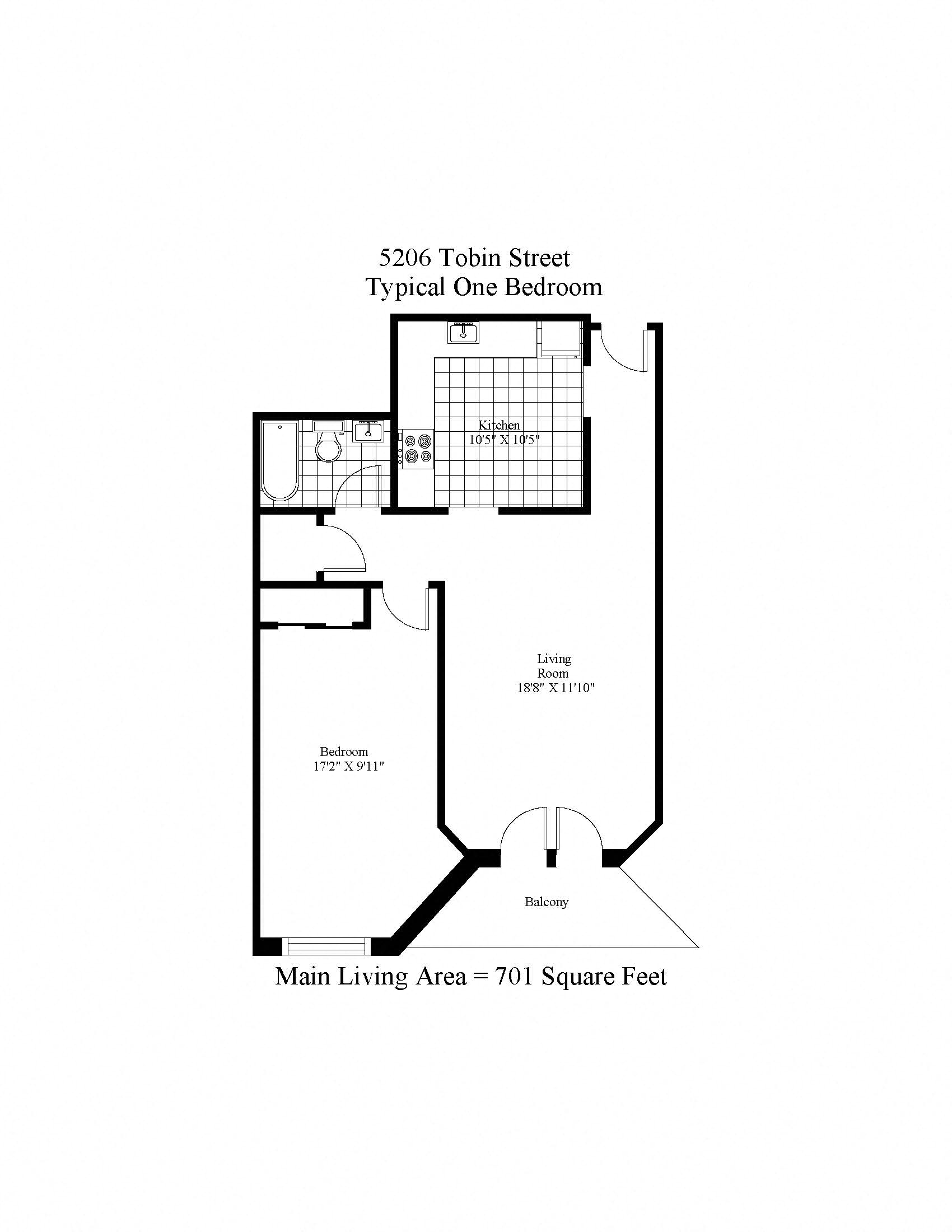 Floor plan for 1 bed, 1 bath, 701 sqft